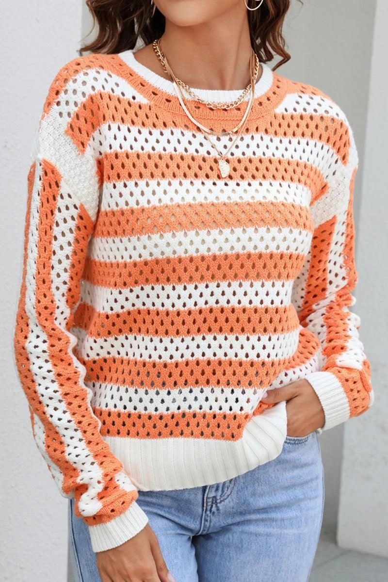 STRIPED COLOR BLOCK CREW NECK HOLLOW KNIT SWEATER Convertible Neckline SeamlessKnitConstruction