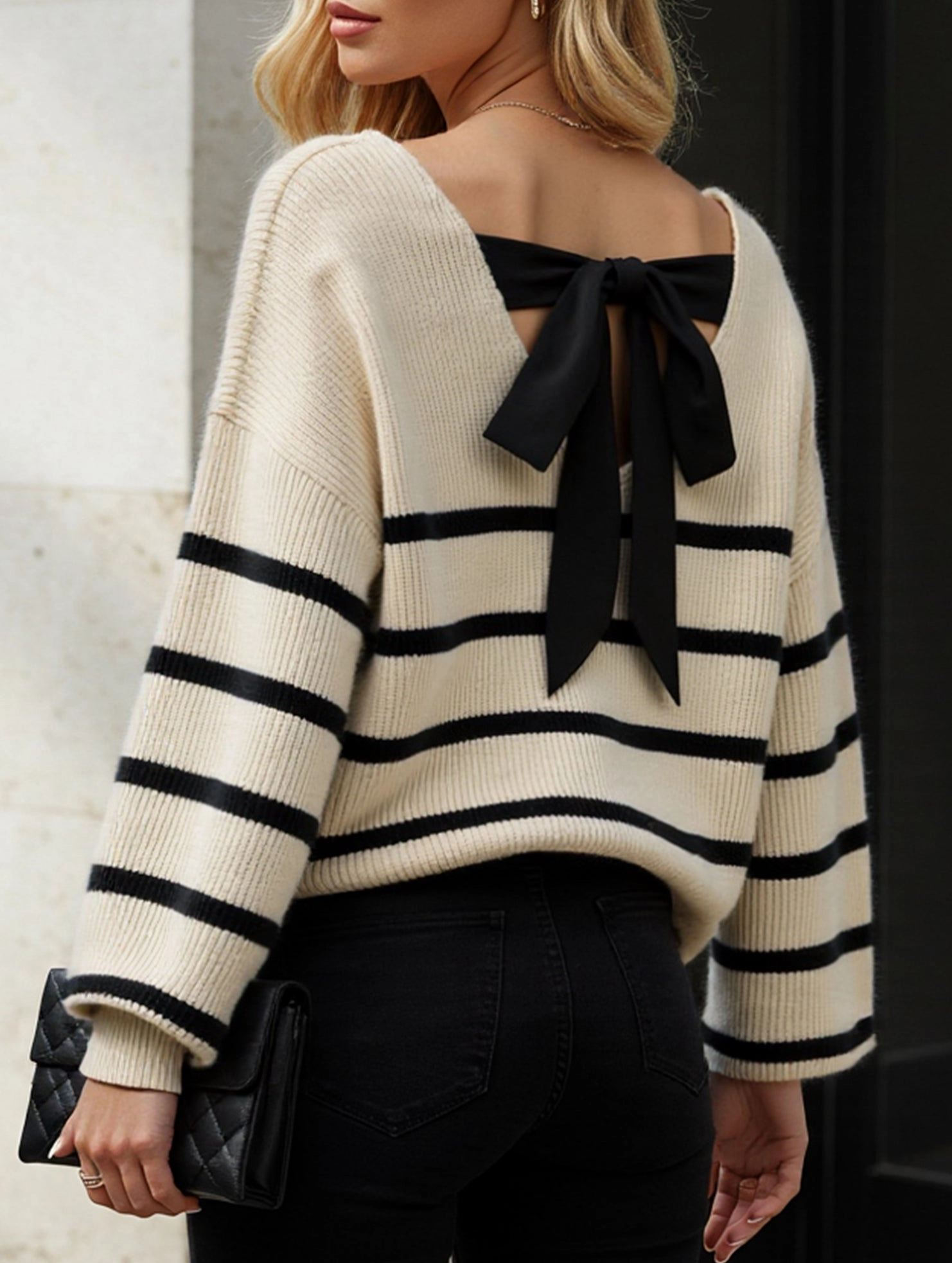 Striped contrast bow tie knit sweater Double Stitched Seams