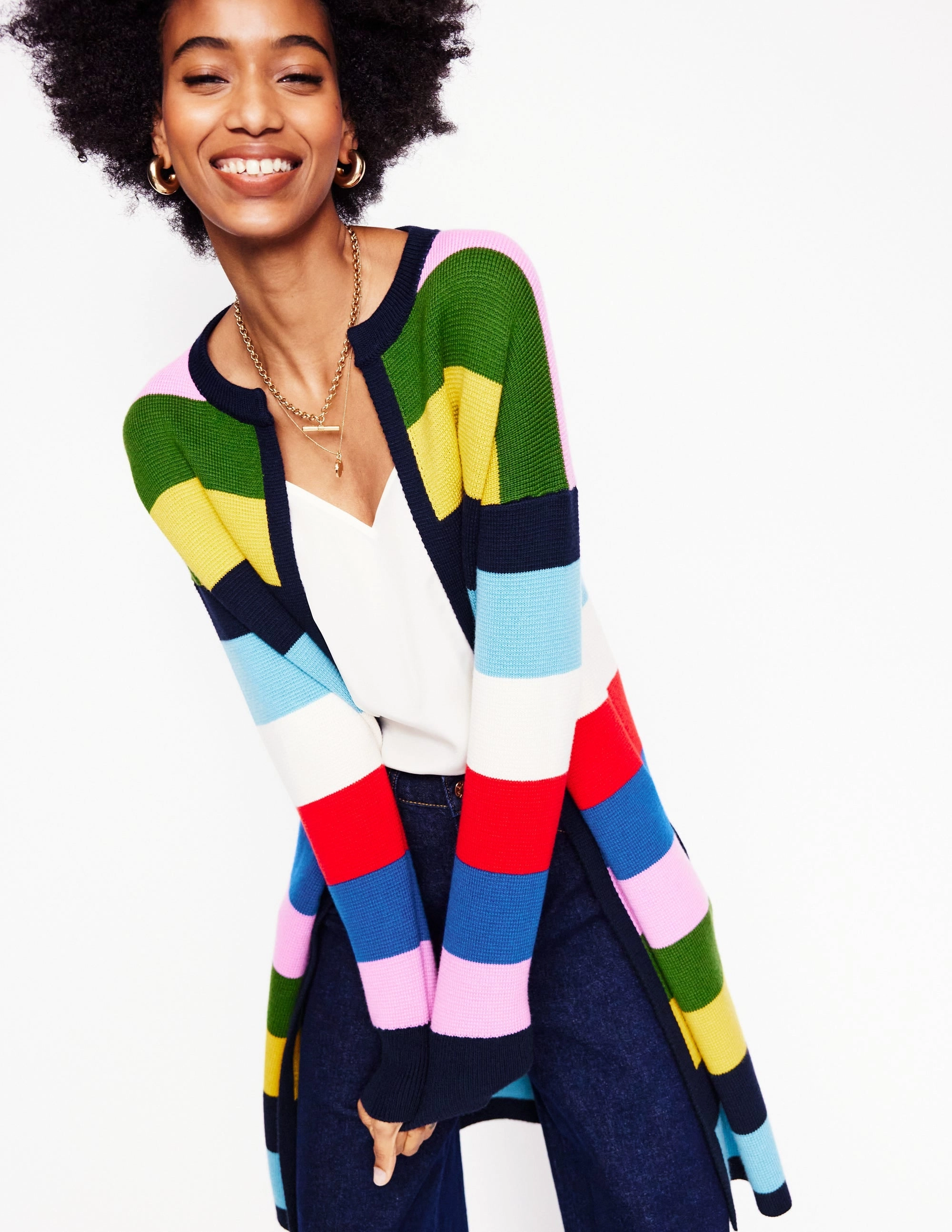 Simple Classic Gentle Stretch Waistband Striped Cotton-Blend Coatigan-Poppy Red, Blue Multi