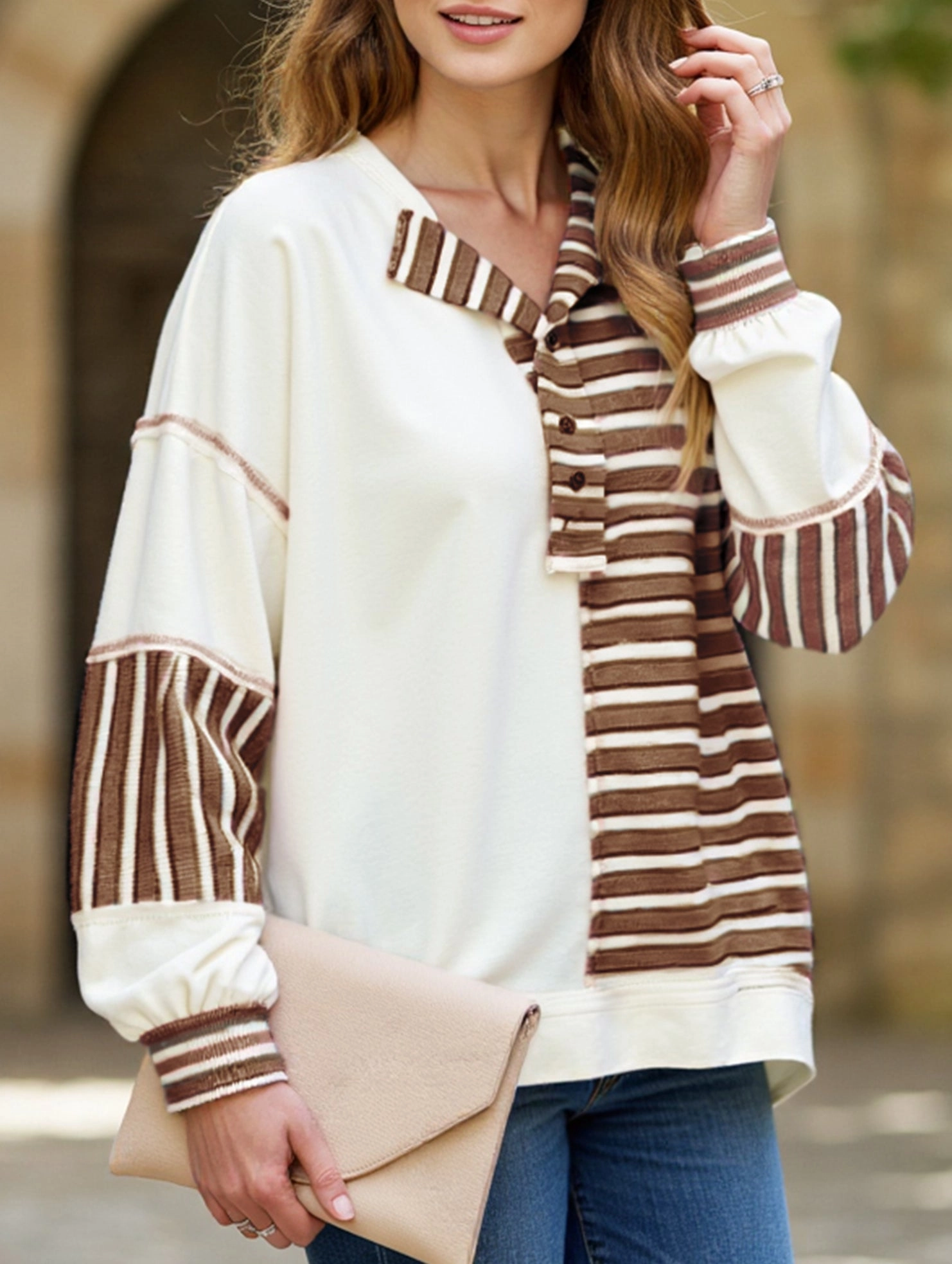 Striped loose casual sweatshirt Retro design Garment Dyed Finish