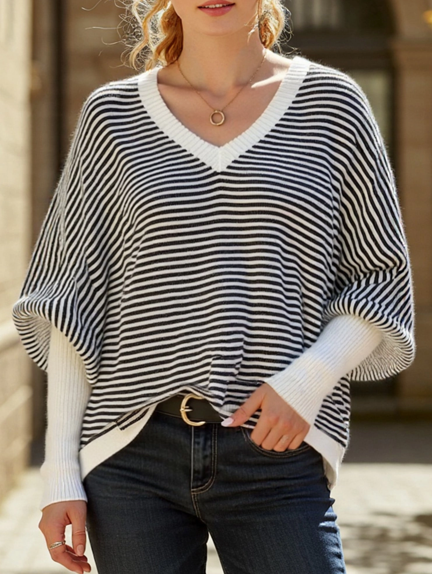 Striped V-neck batwing sleeves sweater AthleisureReady Active Wear