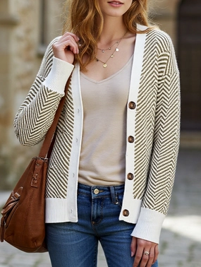 Striped V-neck loose knit cardigan SheerLayering WaterResistantCoating