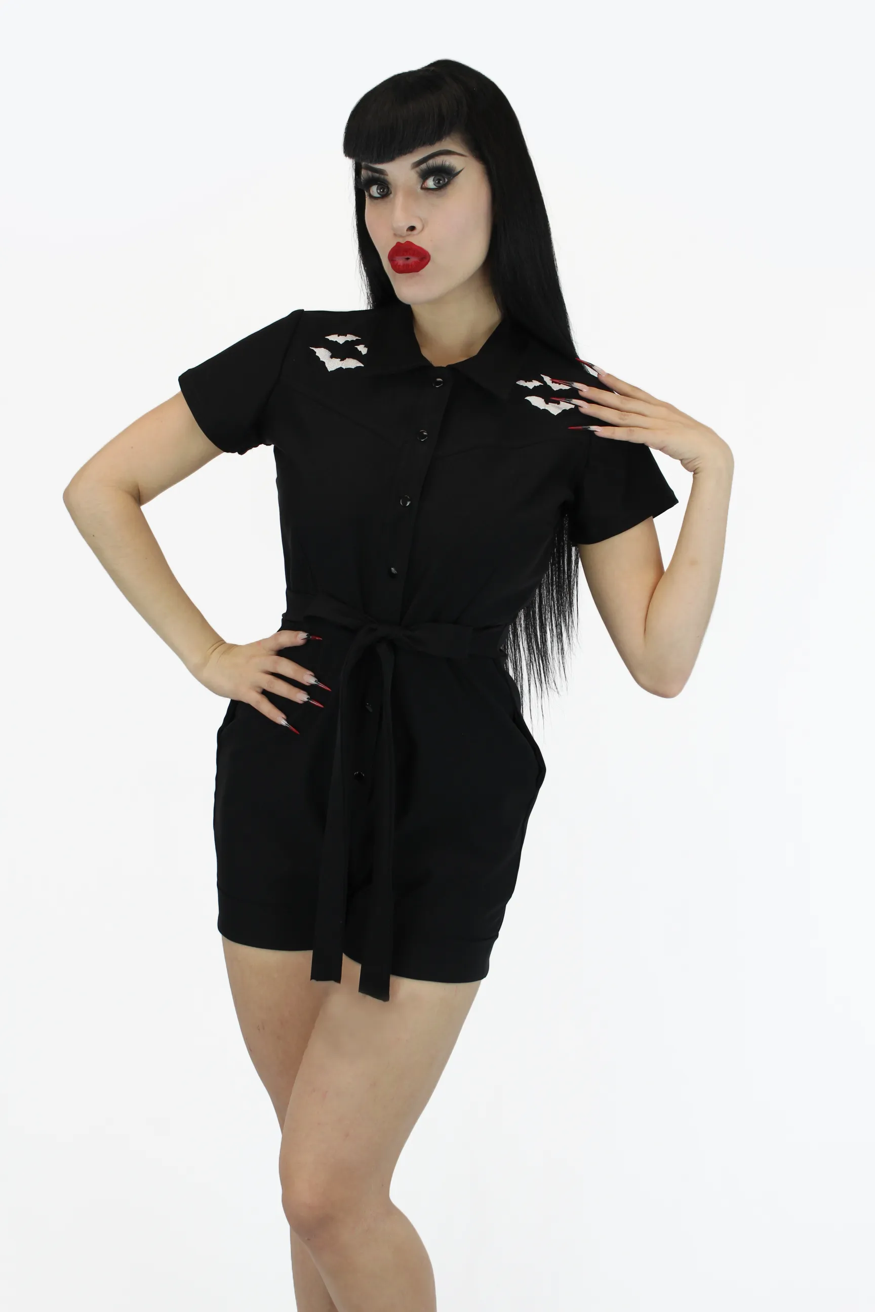 Stretchy Bat Black Romper With Belt Reinforced Gusset