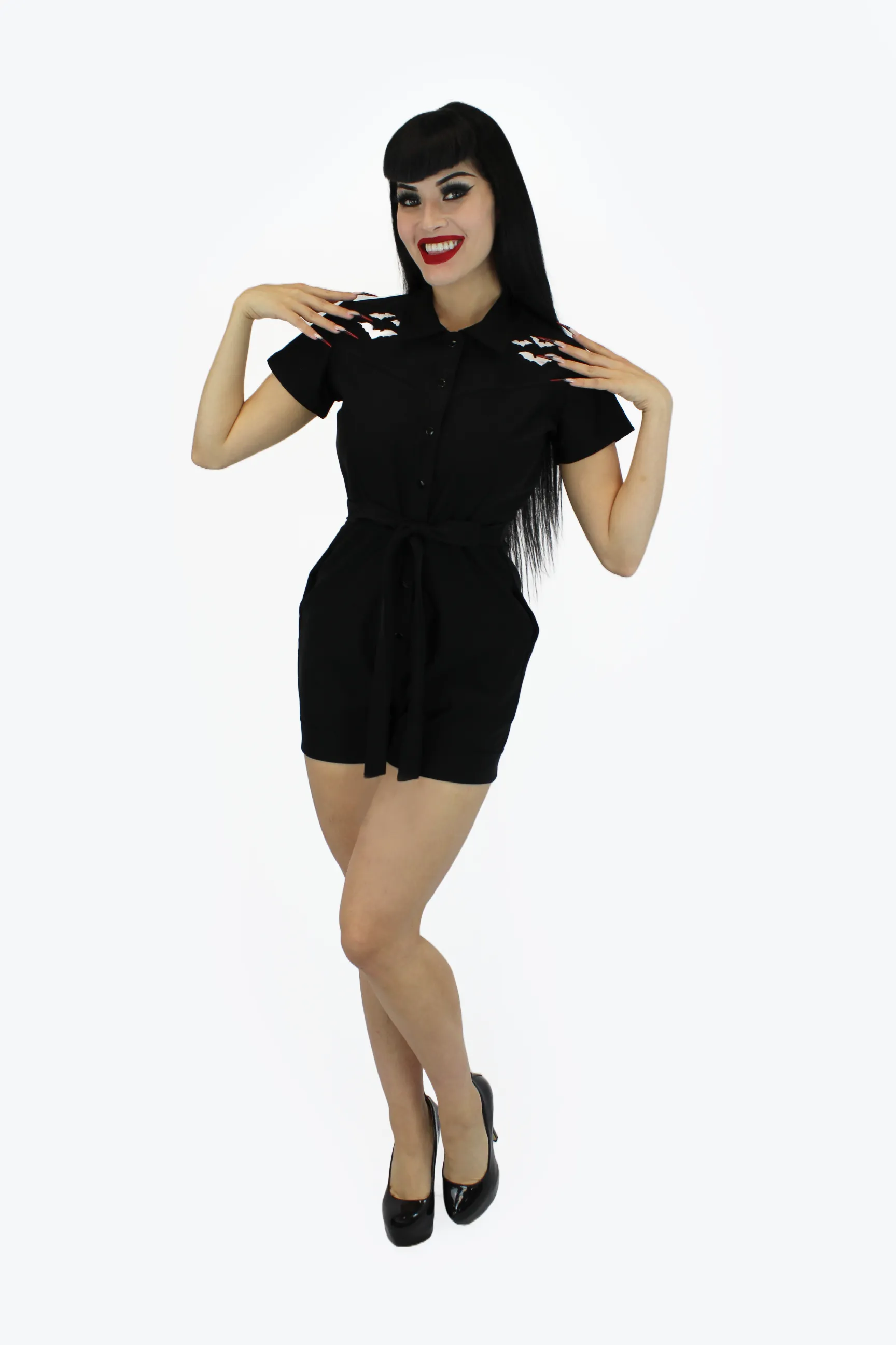 Stretchy Bat Black Romper With Belt Active Lifestyle