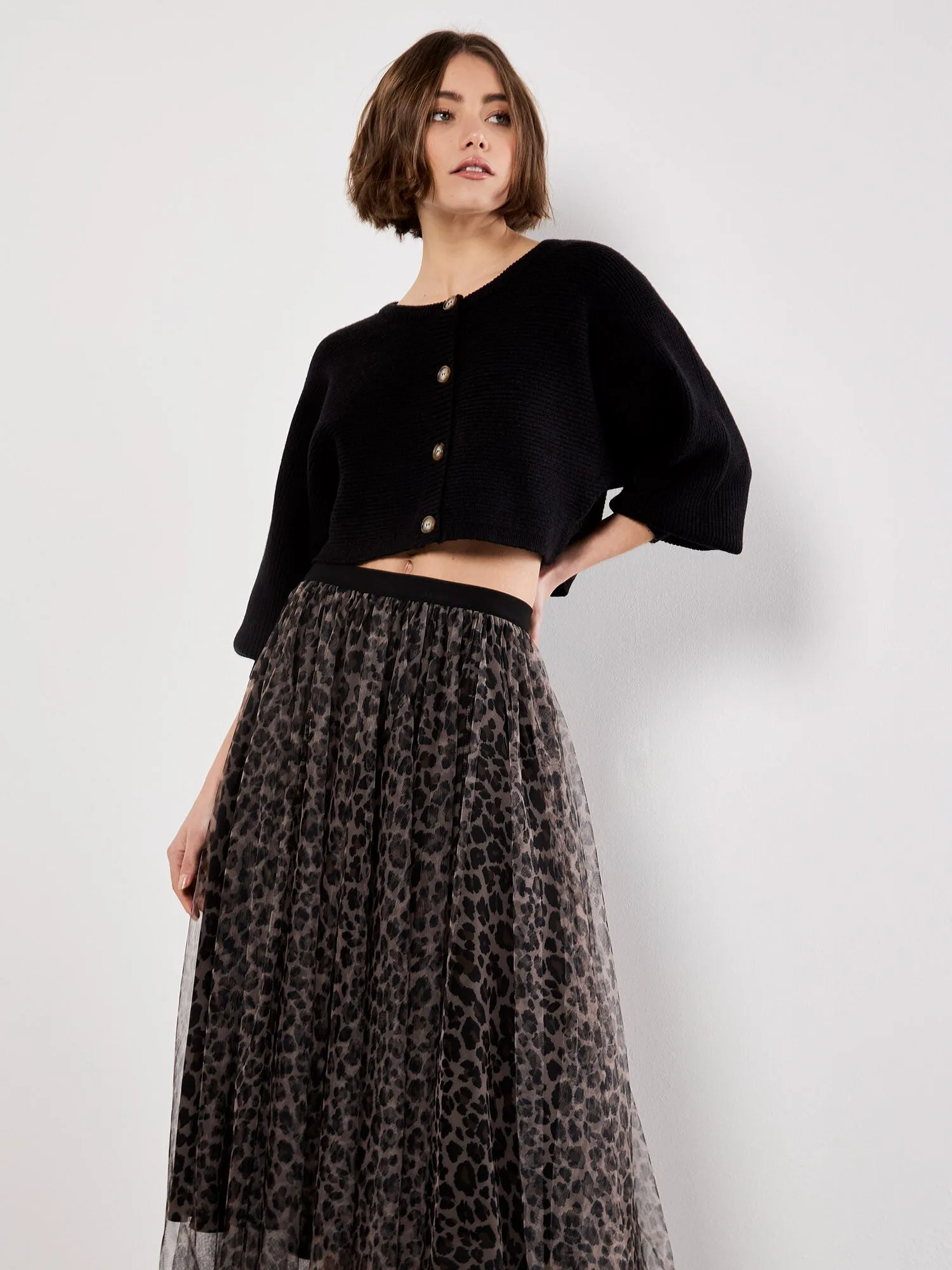 Relaxed Look Layered Tulle Skirt in Leopard