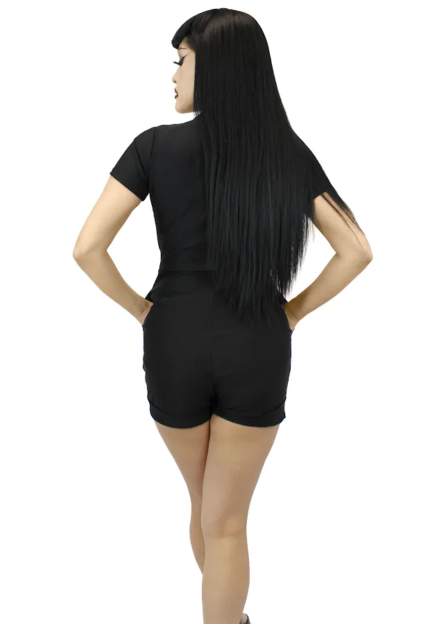 Ultra Soft Texture DoubleLayeredEdging Stretchy Spiderweb Black Romper With Belt #E-SWBR