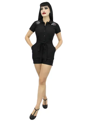 Stretchy Spiderweb Black Romper With Belt #E-SWBR Office Wear Cool Touch