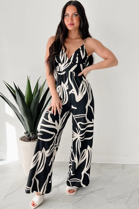Shiny-Lining Born To Be Wild Printed Wide Leg Jumpsuit (Black/Ivory)