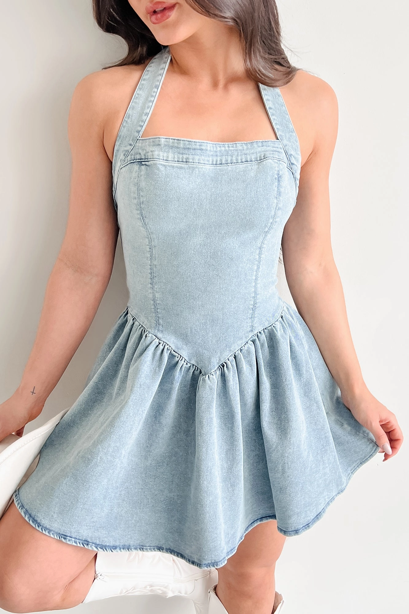 Confident Touch Keeping It Playful Halter Denim Mini Dress (Light)