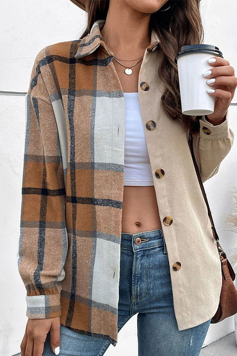 Overlock Edging SlimFitAdaptation WOMEN PLAID LEOPARD BUTTONED COZY FALL SHACKET