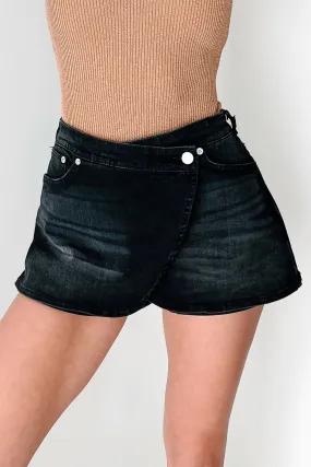 Got This In The Bag Wrap Denim Mini Skort (Black) Reinforced Stress Points Flexible Comfort