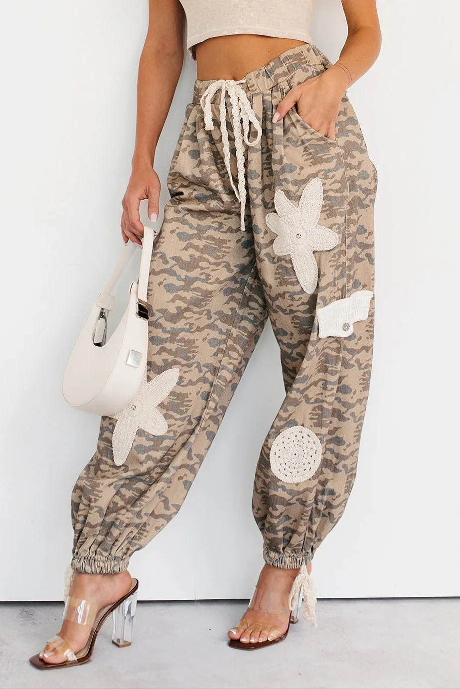 ZeroWastePattern WaterResistantCoating Sun Comes Up POL Drawstring Denim Joggers (Beige Camo)