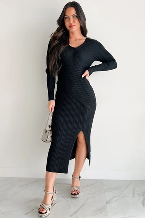 Sunday Brunch Ribbed Long Sleeve Maxi Dress (Black) Bold Simplicity Sharp Finish