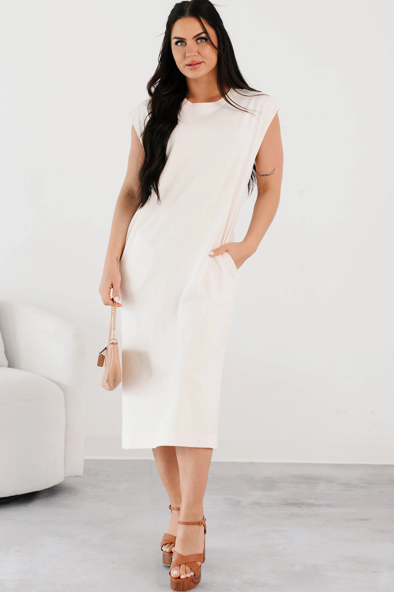 Sundays In Bed Sleeveless Midi Dress (Ivory) Cool Finish