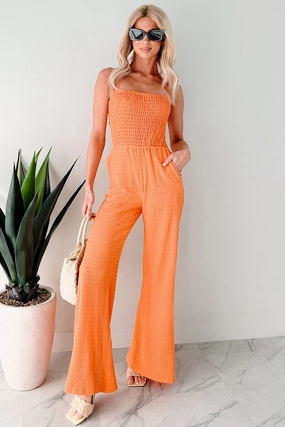 Modern Appearance Sunlit Sweetheart Smocked Cut-Out Jumpsuit (Orange)