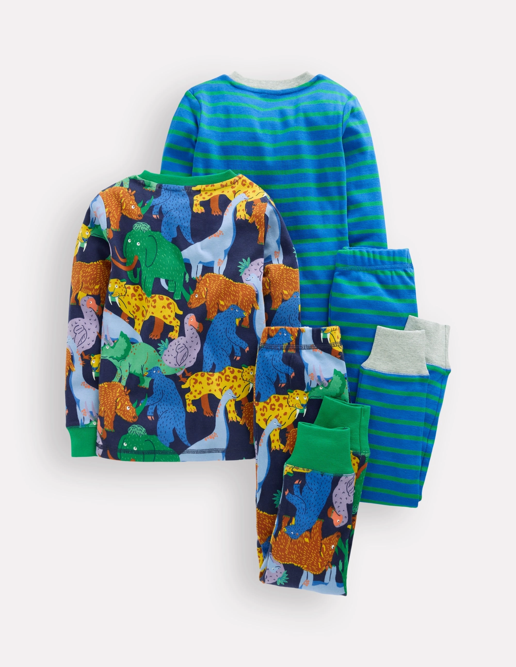 Eco friendly materials Snug Twin Pack Pyjamas-Prehistoric Animals and Stripe