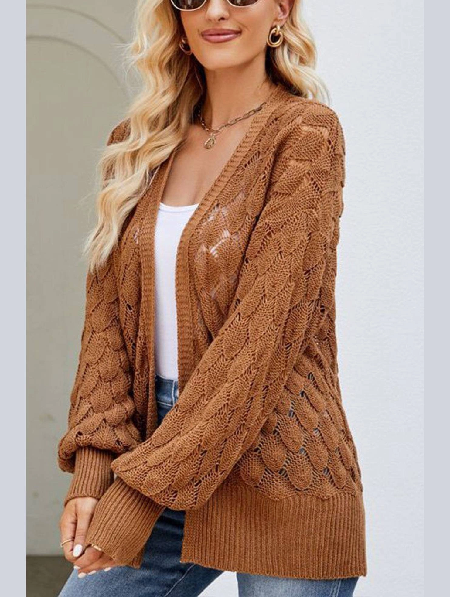 WOMEN HOLLOW OUT KNITTED SWEAT CARDIGAN FasteningHood