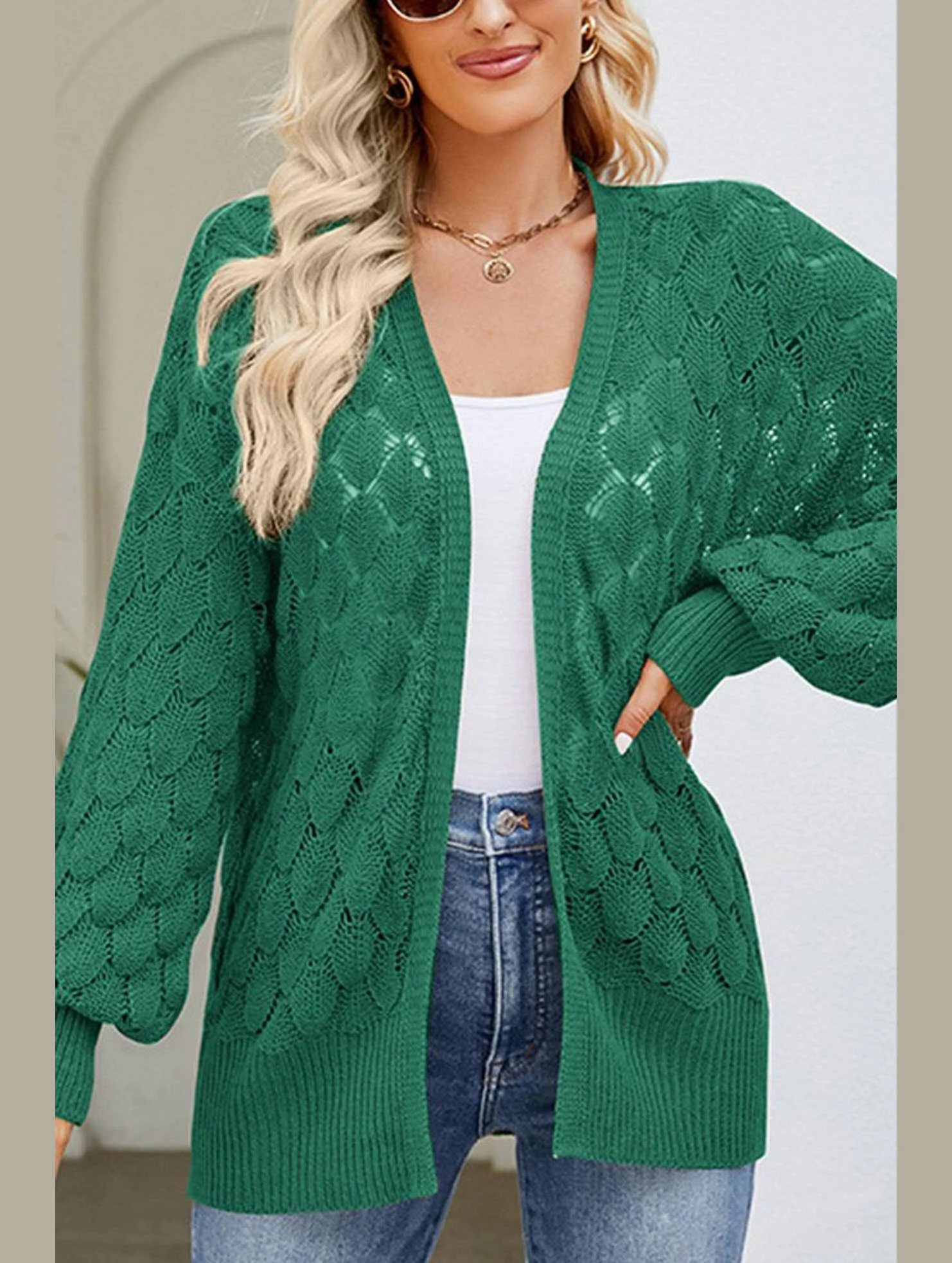 WOMEN HOLLOW OUT KNITTED SWEAT CARDIGAN Classic Crewneck Design Modern Look