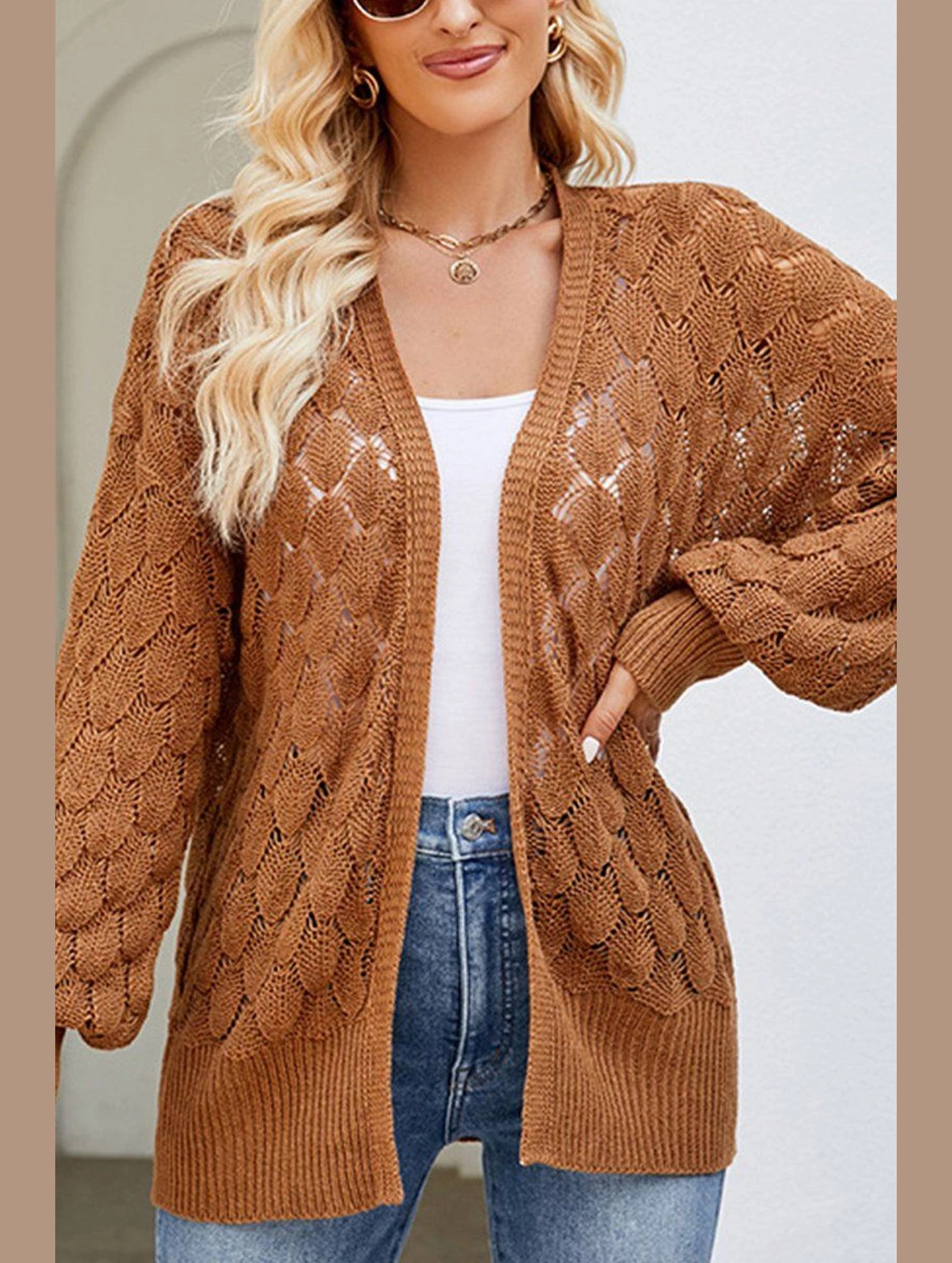 WOMEN HOLLOW OUT KNITTED SWEAT CARDIGAN Hydrophobic Threadwork