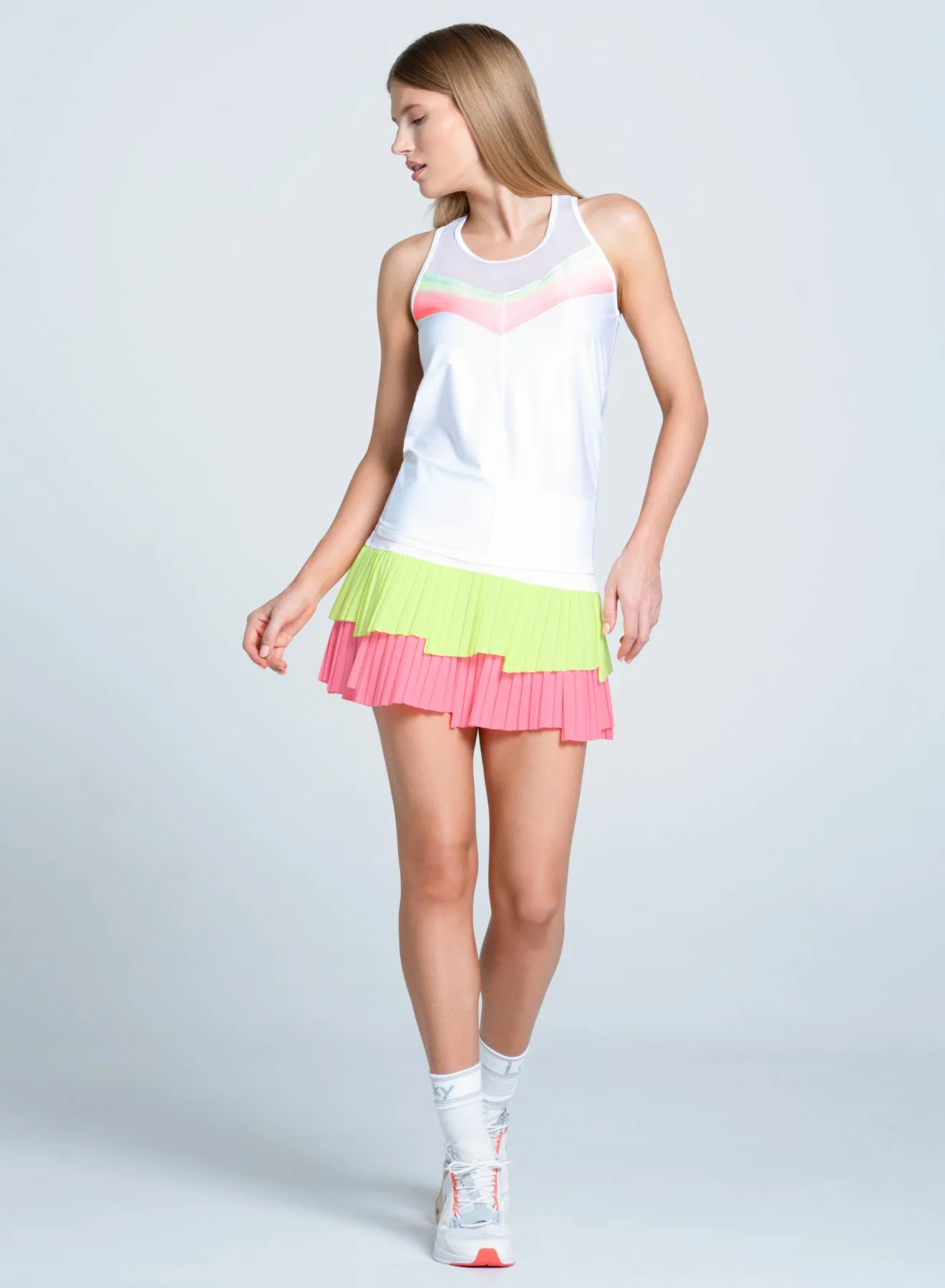 Midweight Four Way Stretch Minimalist Detailing Sunset Spin Tie Back Tank