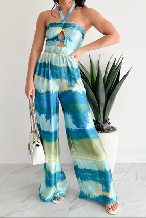 Sunshine & Seaside Halter Wide Leg Jumpsuit (Blue) french chic