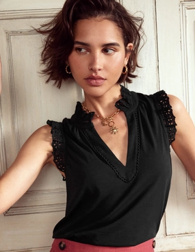 FlexibleCollar EasyCare Fabric Aria Broderie Trim Vest-Black