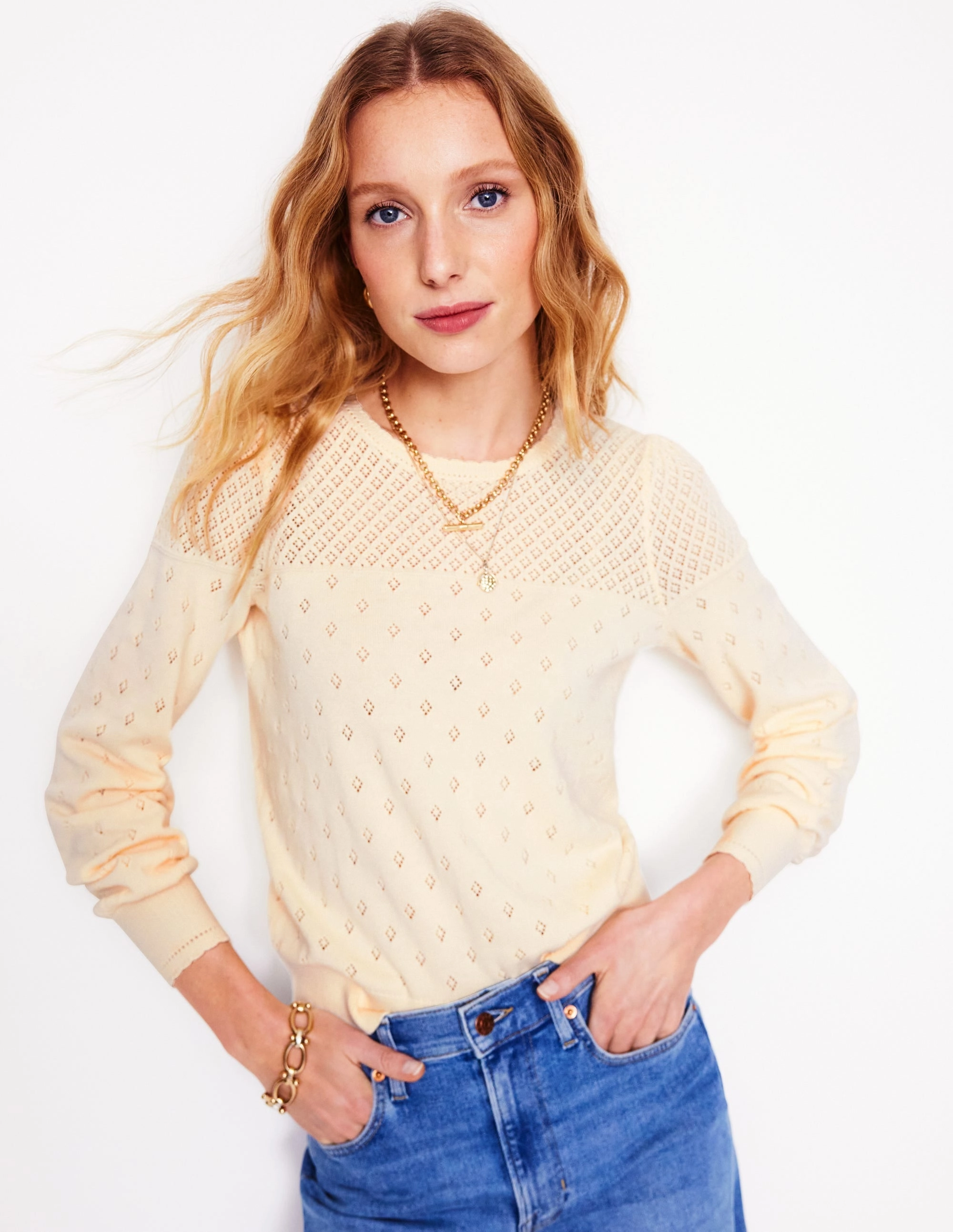 Fall Wardrobe Daily Layers Rosalie Pointelle Jumper-Warm Ivory