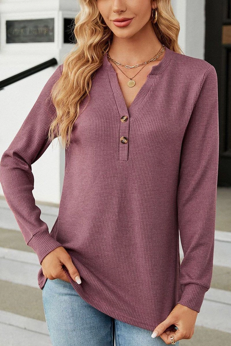 WOMEN BUTTON NECK KNITTED DAILY TOP Chic Tee