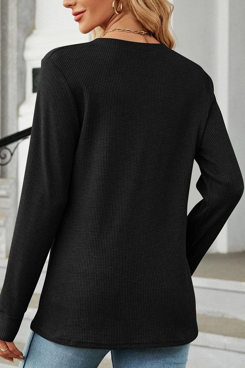 WOMEN BUTTON NECK KNITTED DAILY TOP VentilatedMeshPaneling