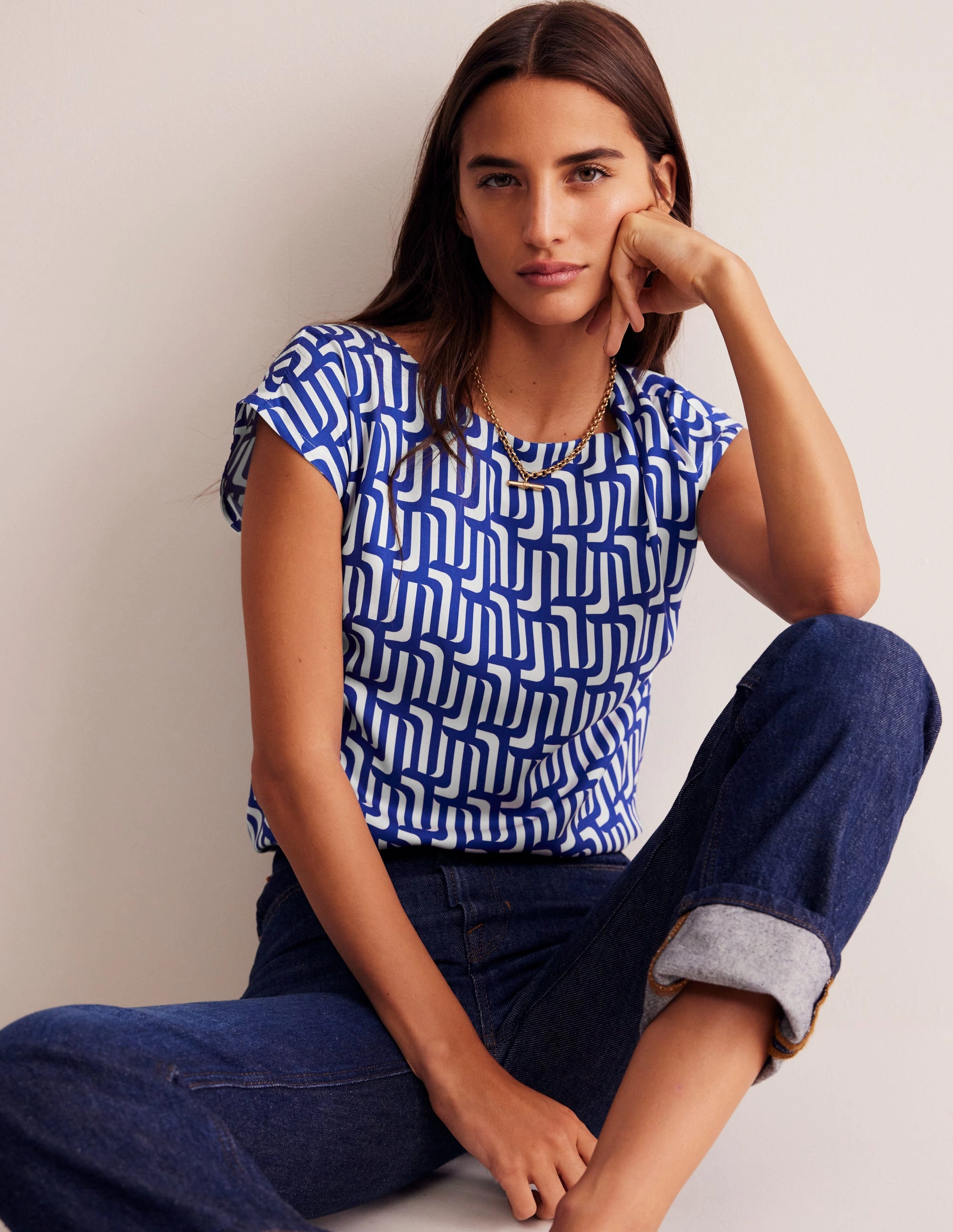 Modern Shell Top-Sapphire Blue, Falling Geo Hidden Storage Pockets