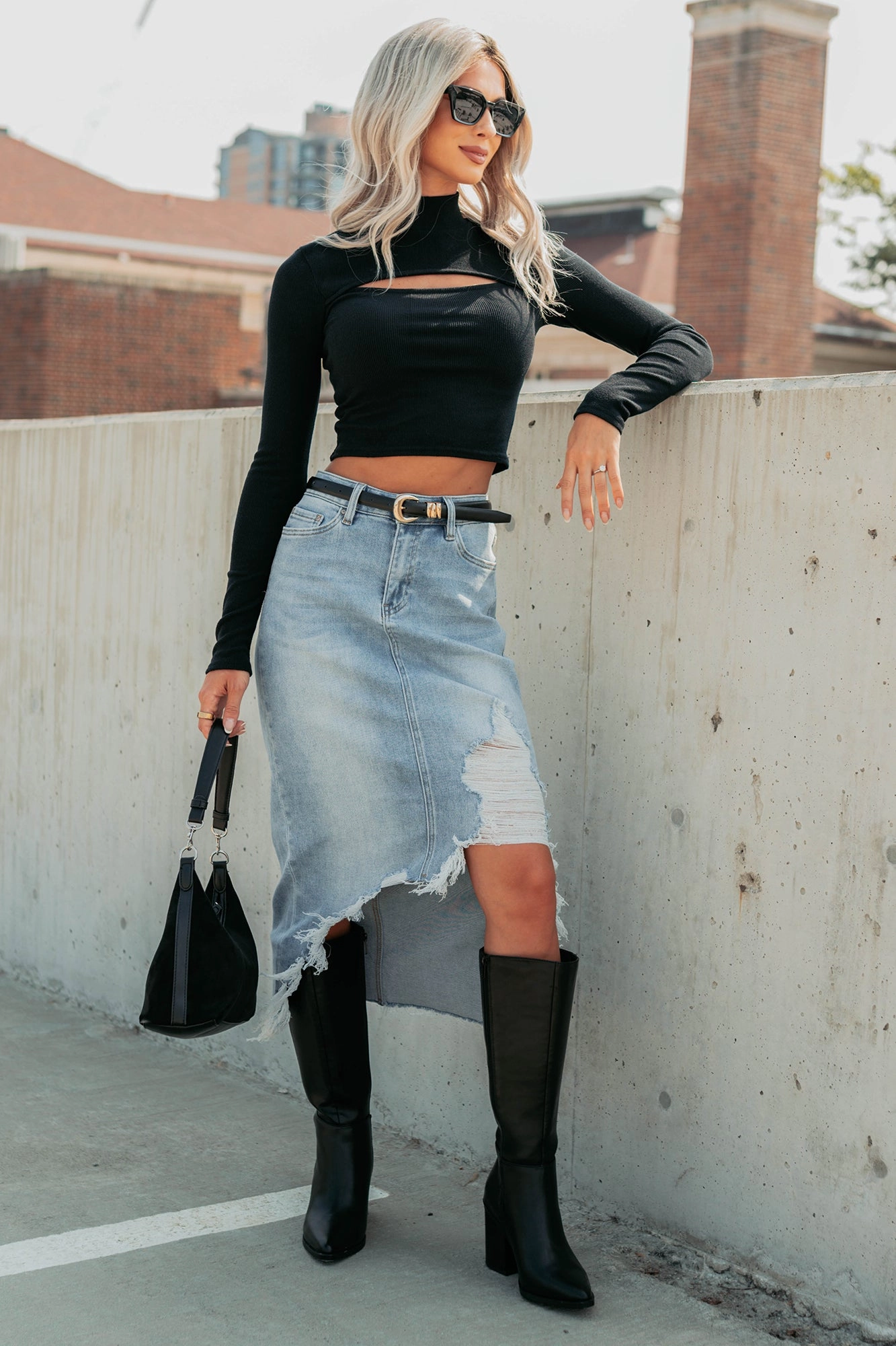 MinimalistAesthetic Fearless Energy Distressed Midi Skirt (Wild Blue)