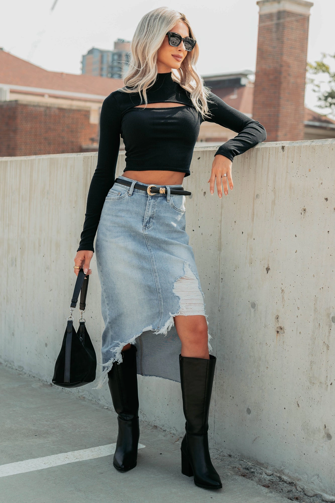 Fearless Energy Distressed Midi Skirt (Wild Blue) UPFProtection