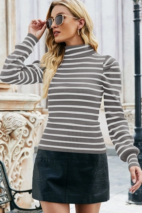 WOMEN HIGH NECK STRIPE PATTERN LONG SLEEVE TOP Simple Dress Smooth Seam Transition