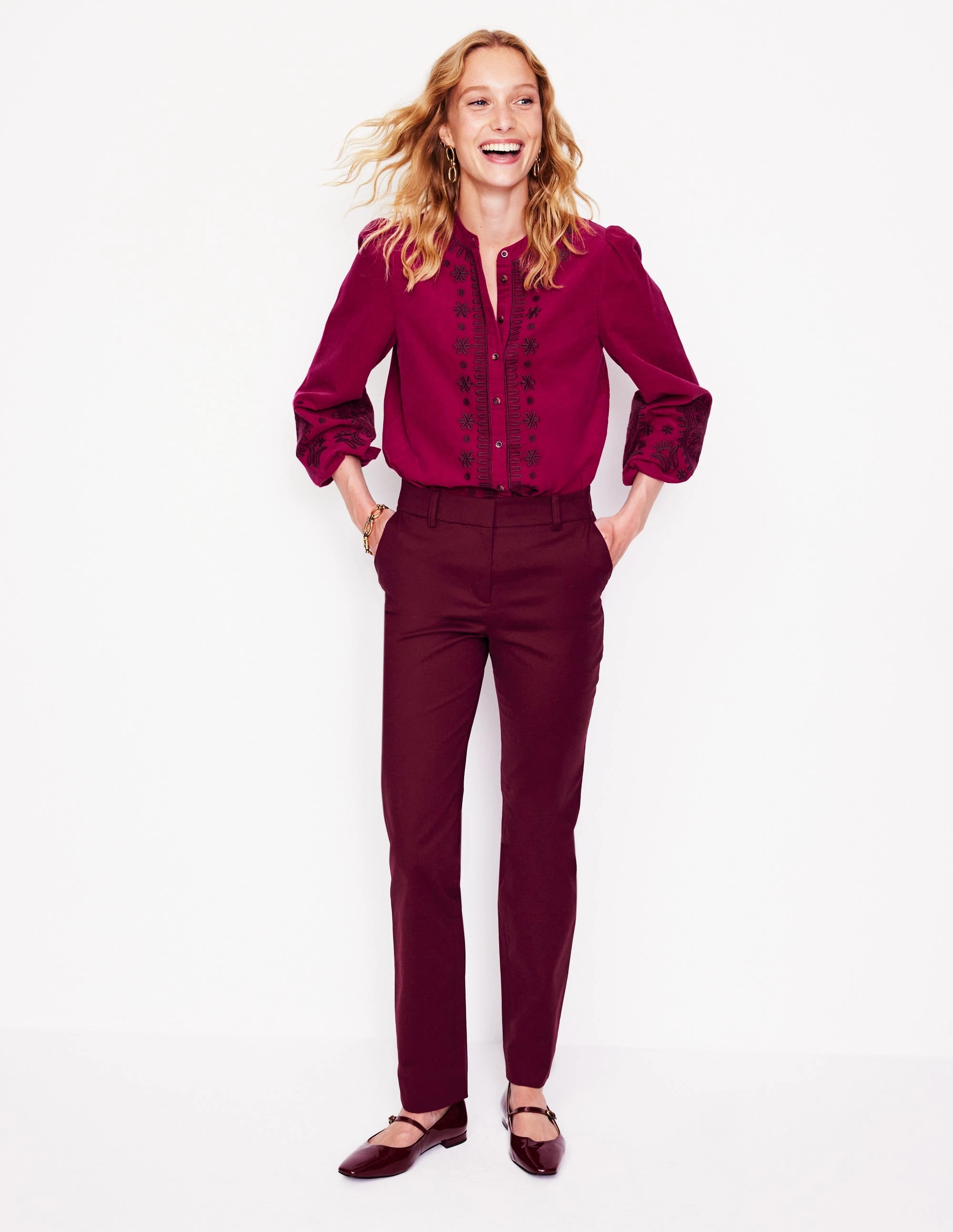 Everyday Fashion Versatile Layering Piece Theodora Cord Blouse-Cherry Jam