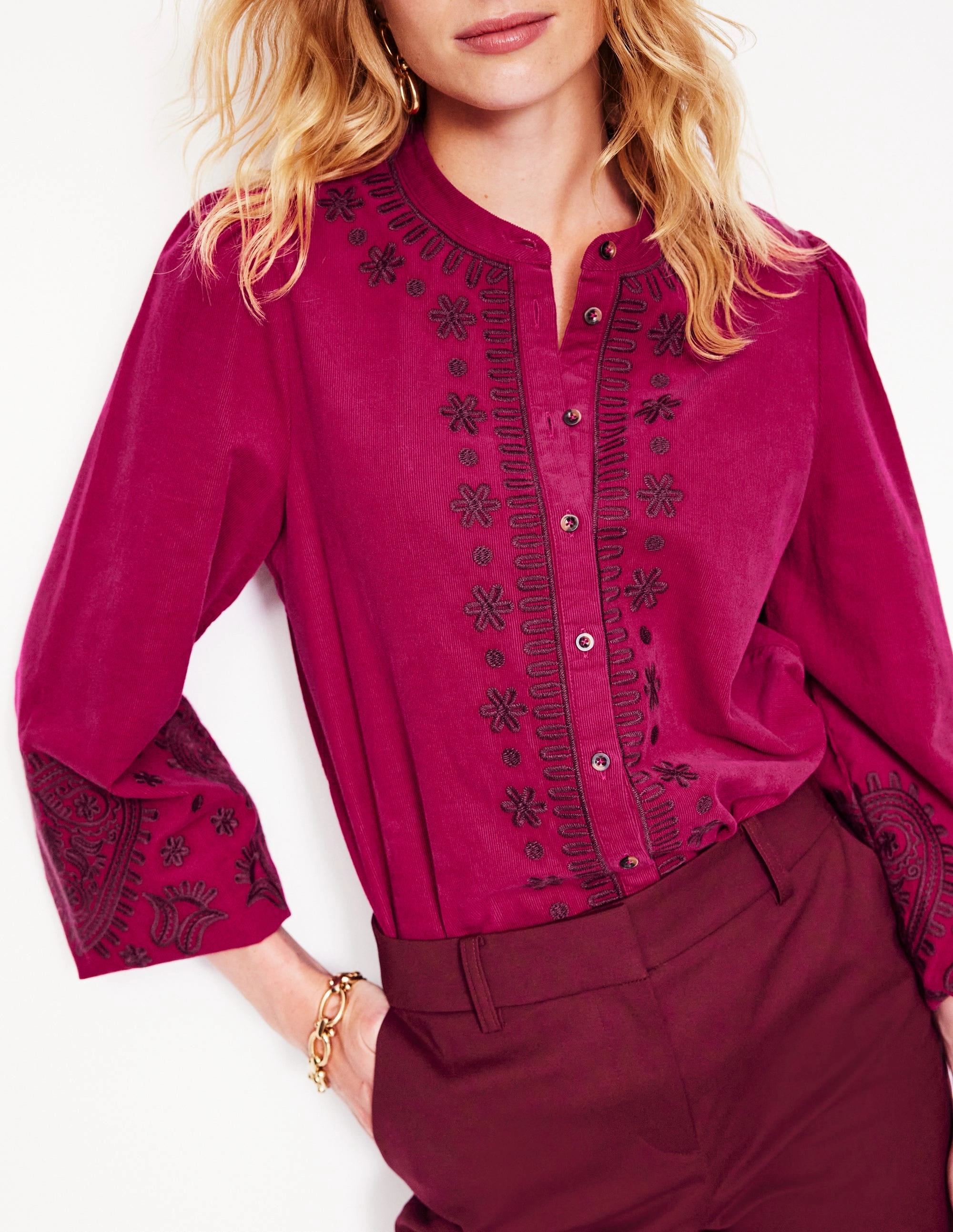 No Iron Fabric AntiStaticLining Theodora Cord Blouse-Cherry Jam