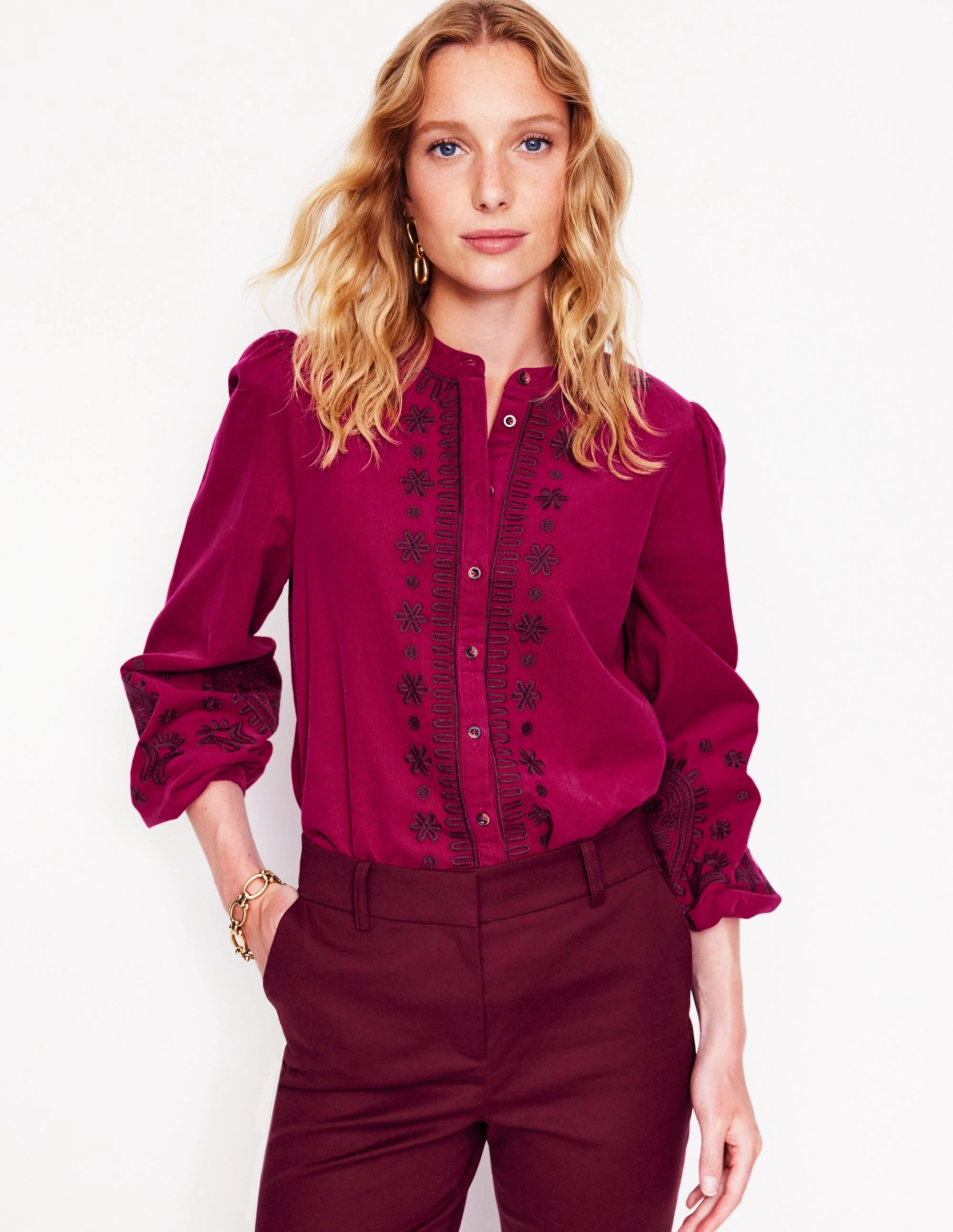 Theodora Cord Blouse-Cherry Jam Low Profile Stitching