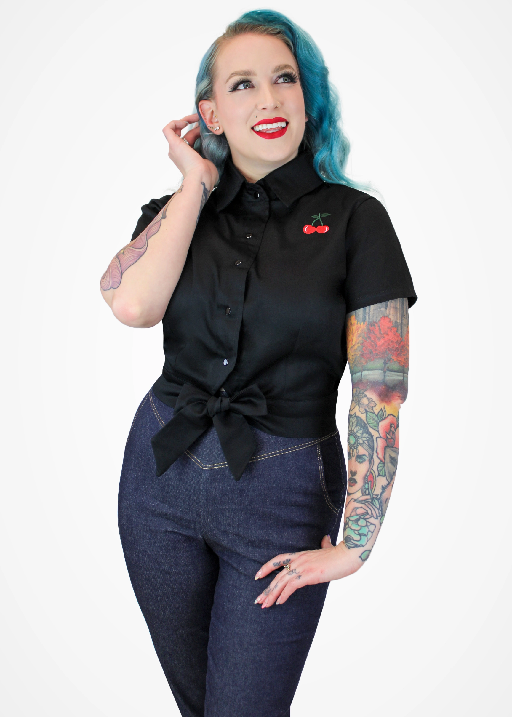 Cherry Crop Top - Black Knot Top With Embroidered Cherries #E-CKT Grid Texture Fabric