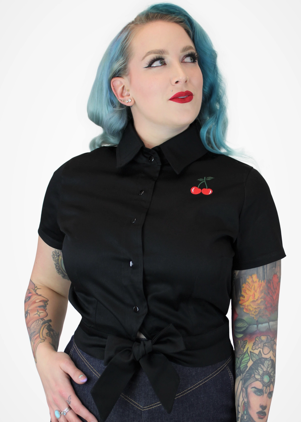 Cherry Crop Top - Black Knot Top With Embroidered Cherries #E-CKT Snag Resistant Surface