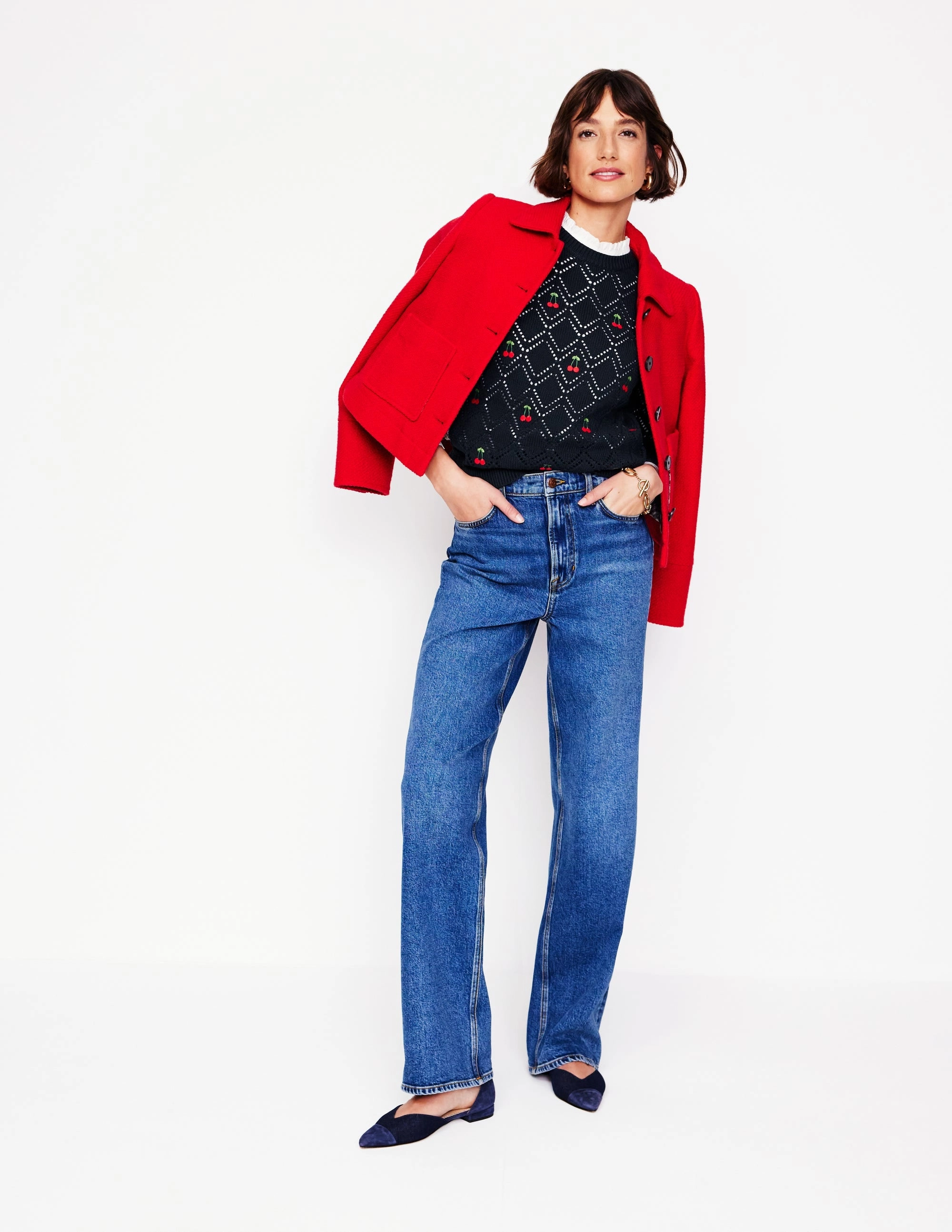 Enid Embroidered Jumper-Navy, Cherries Stain Release Coating