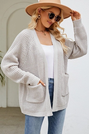 WOMEN RIBBED KNIT CARDIGAN WITH POCKETS Fleece Pullover