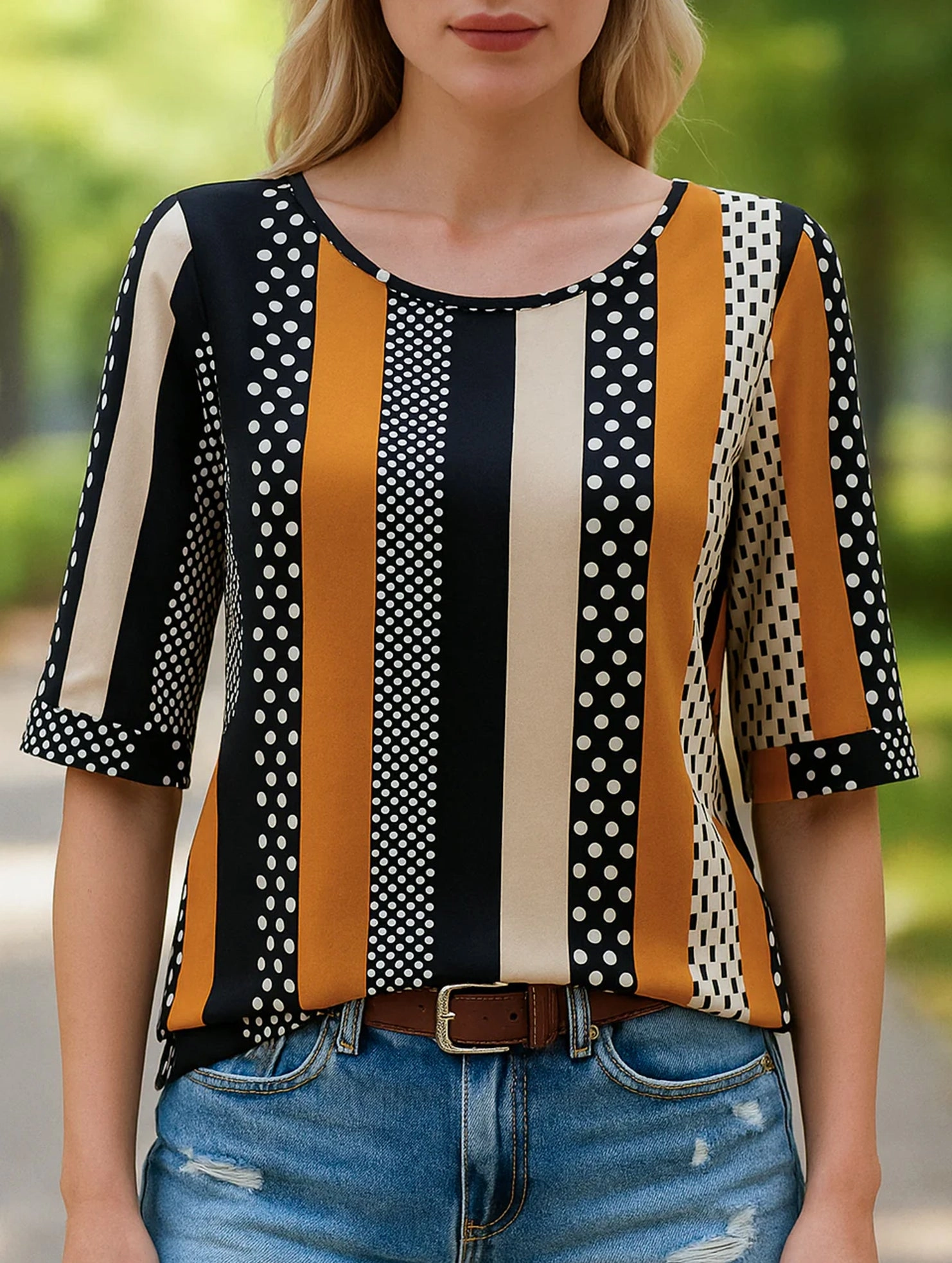 BreathableMeshPanel Sun Protective Fabric Striped Polka-Dot Crew Neck Mid-Sleeve Top ??Trendy Printed Women?s Shirt