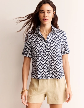 ConvertibleCollar Hazel Short Sleeve Linen Shirt-Navy, Geo Terrace
