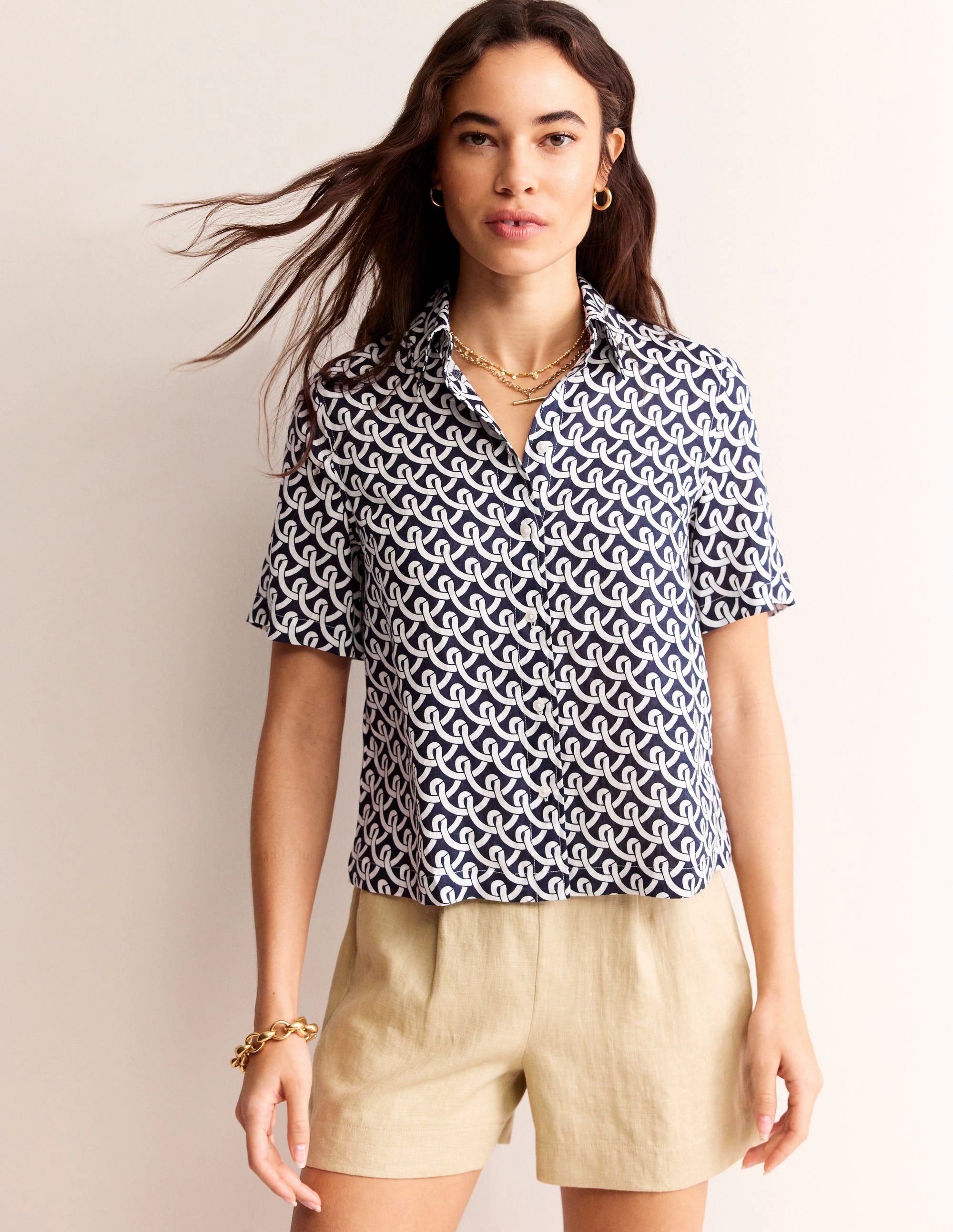 ConvertibleCollar Hazel Short Sleeve Linen Shirt-Navy, Geo Terrace