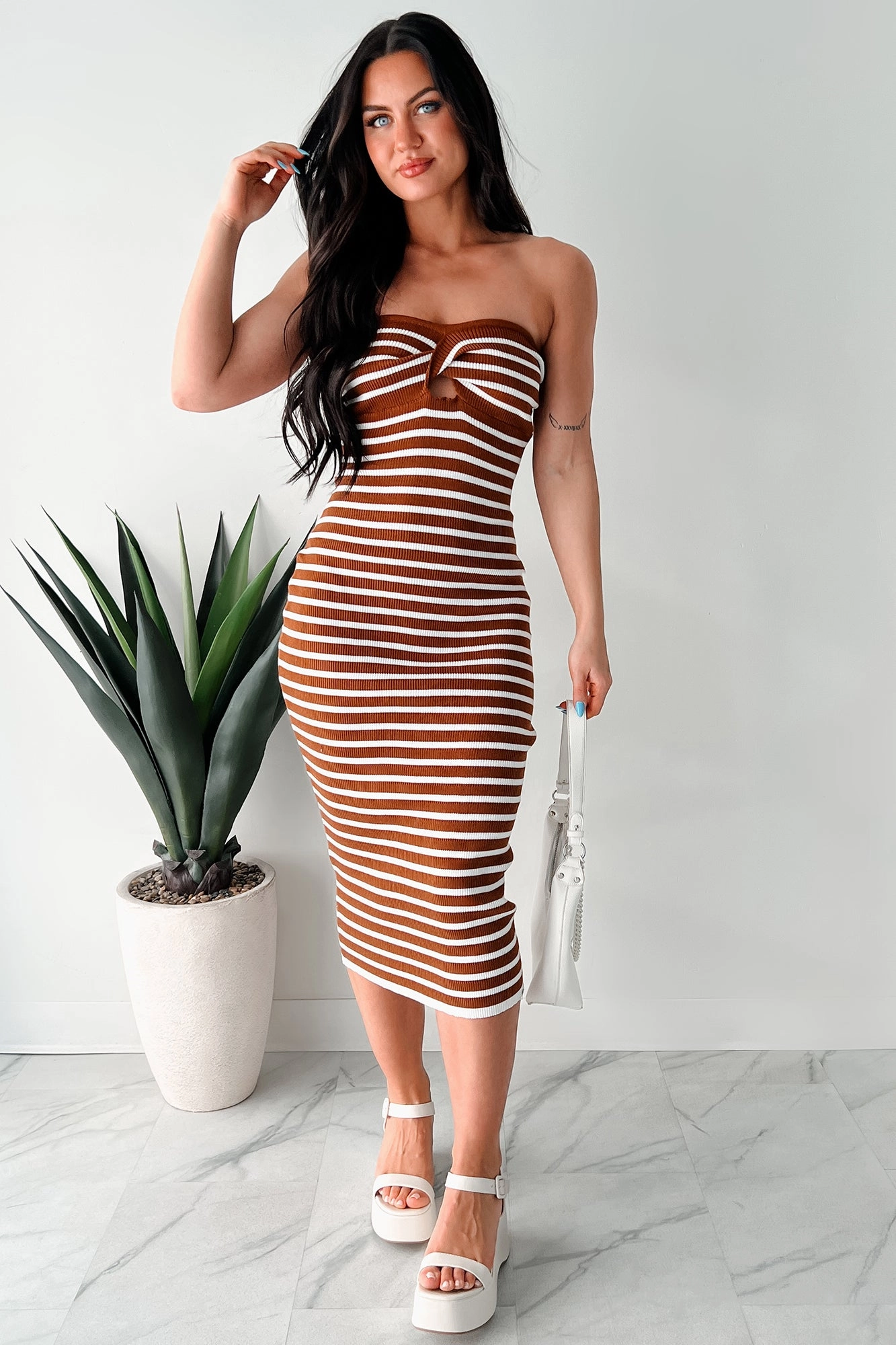 Taking A Moment For Me Ribbed Sweater Knit Midi Dress (Camel/White) hypoallergenic Flattering bodycon dress