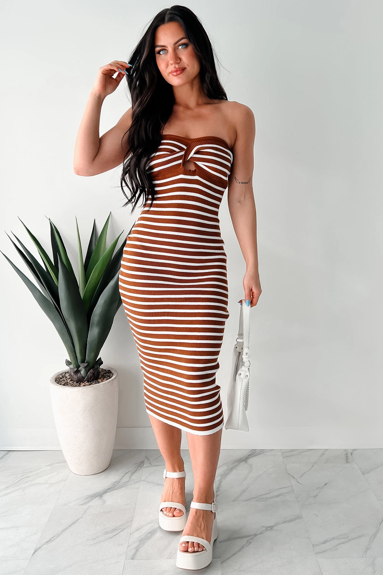 Taking A Moment For Me Ribbed Sweater Knit Midi Dress (Camel/White) Fitted Base