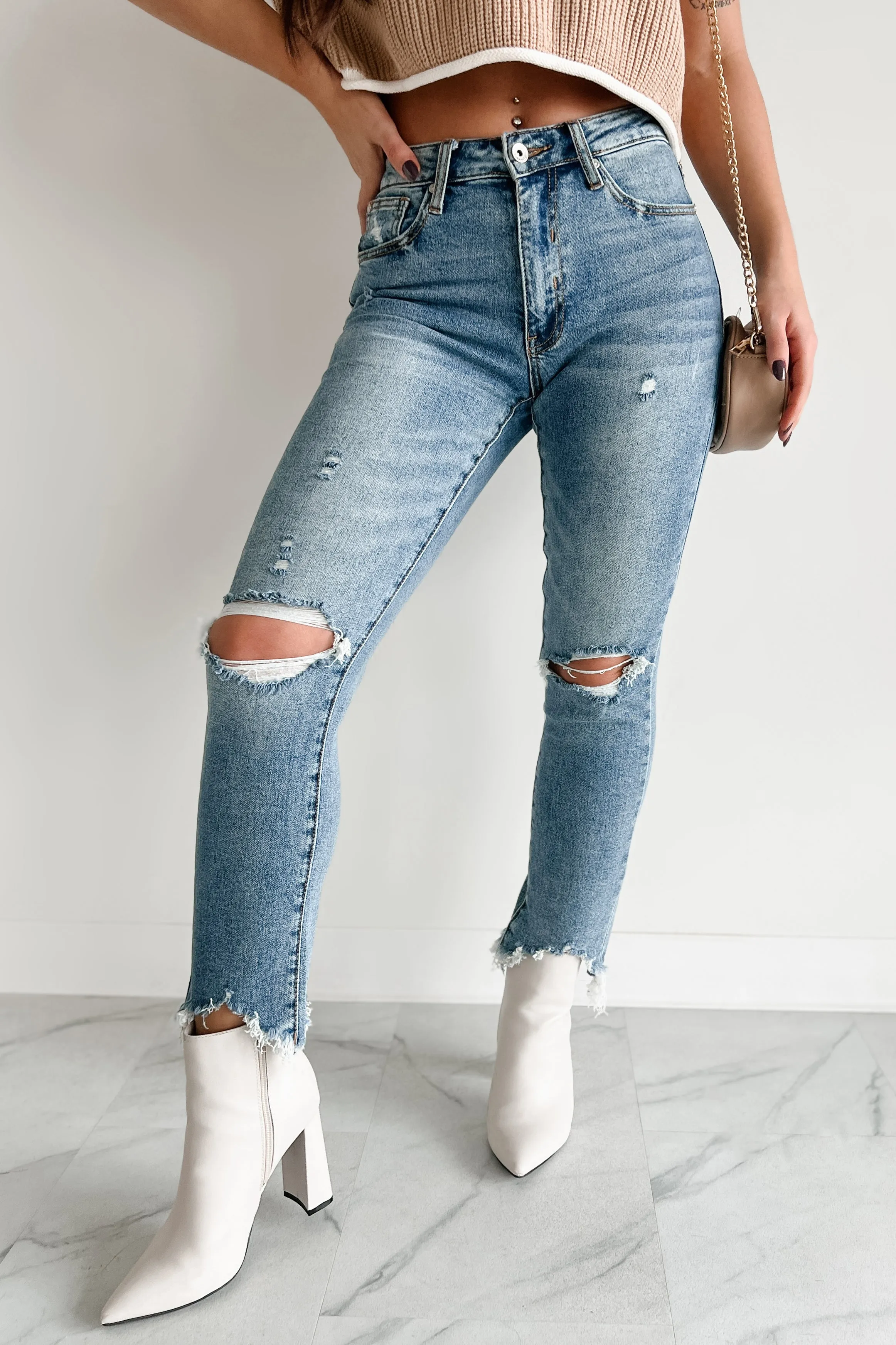 Tallie Mid Rise Distressed Slim Straight Special A Jeans (Medium Light) Daily Basic Wrinkle Free Fabric Treatment