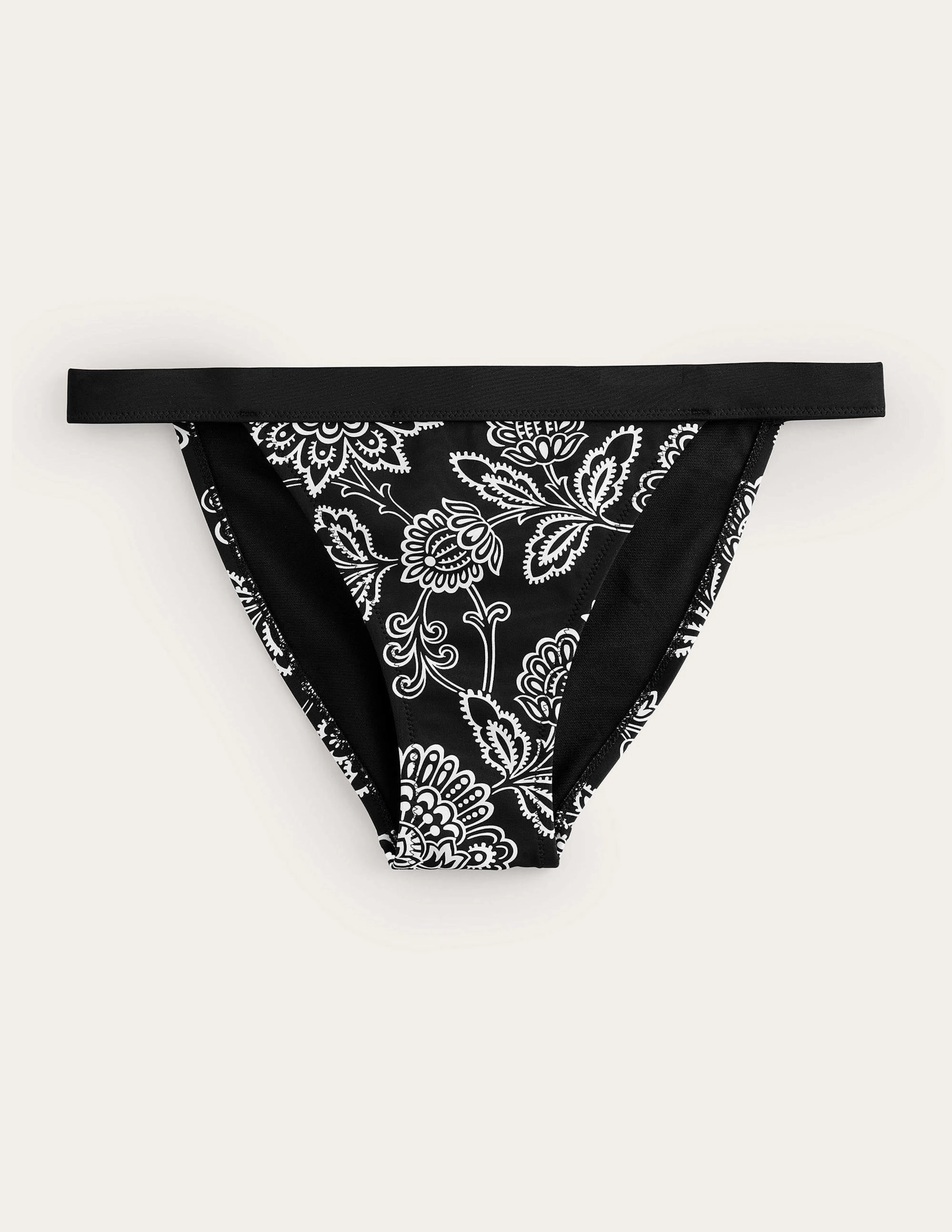 Odor Resistant Textile Tanga Bikini Bottoms-Black, White Floral