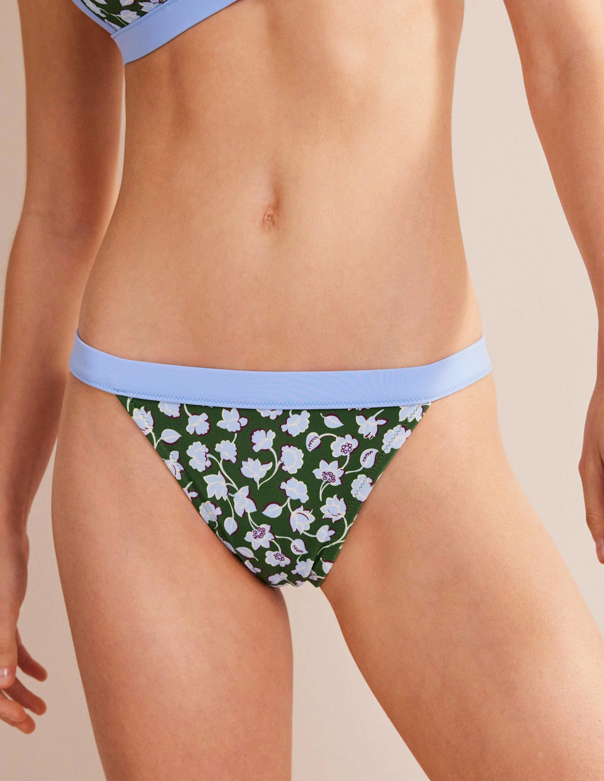 Tanga Bikini Bottoms-Winter Green, Blue Floral Laser Cut Perforations