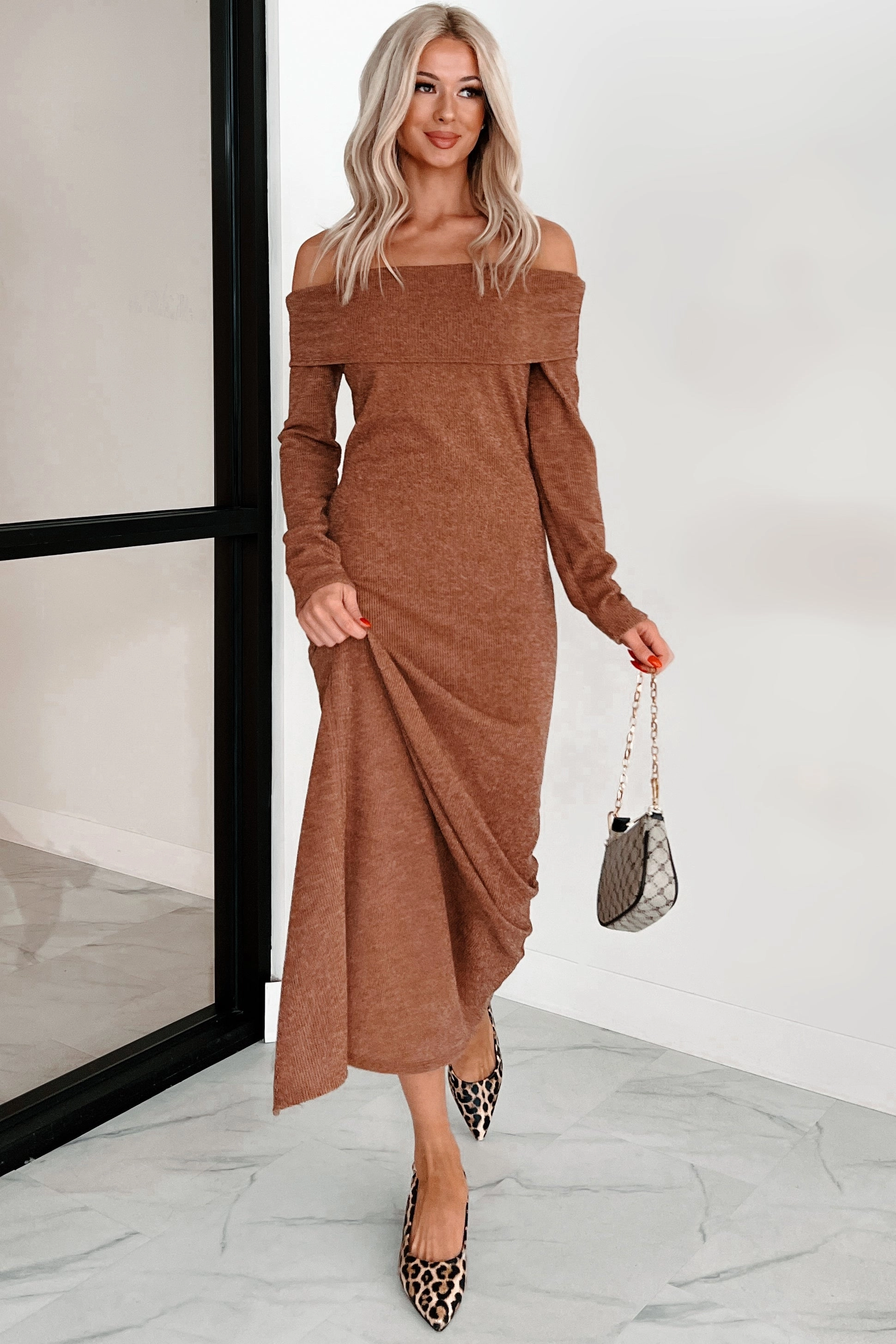 Tanya Off The Shoulder Sweater Maxi Dress (Brown) Harmonious Layers Midnight Mood