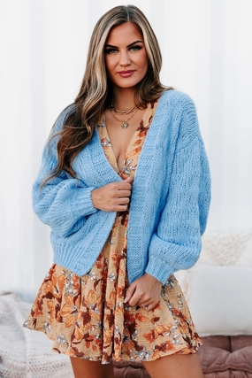 Cozy & Content Chunky Knit Cardigan (Blue) Relaxed Top